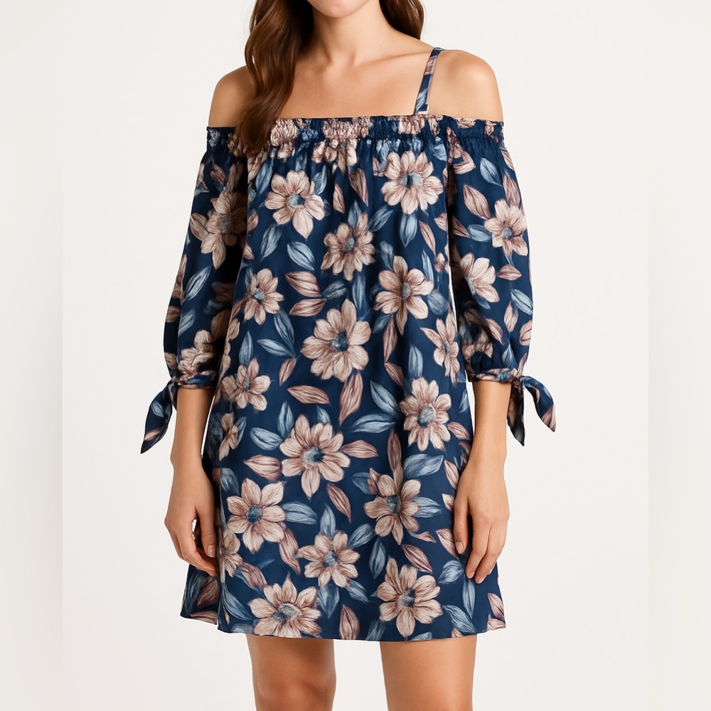 New As U Wish women’s medium Blue Floral Cold Shoulder Mini Flow Dress
